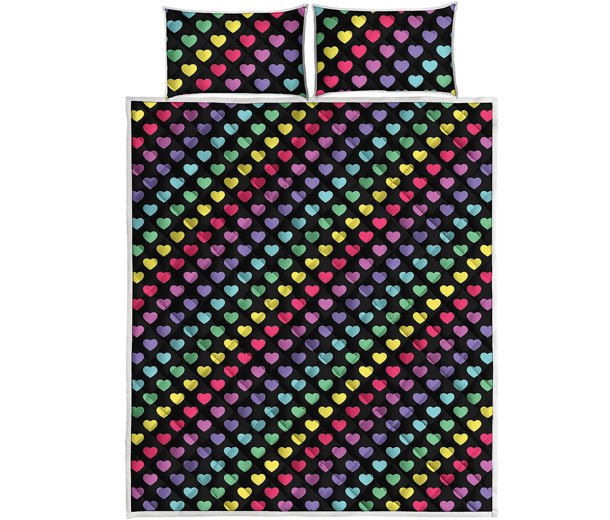 Rainbow Heart Pattern Print Quilt Bed Set