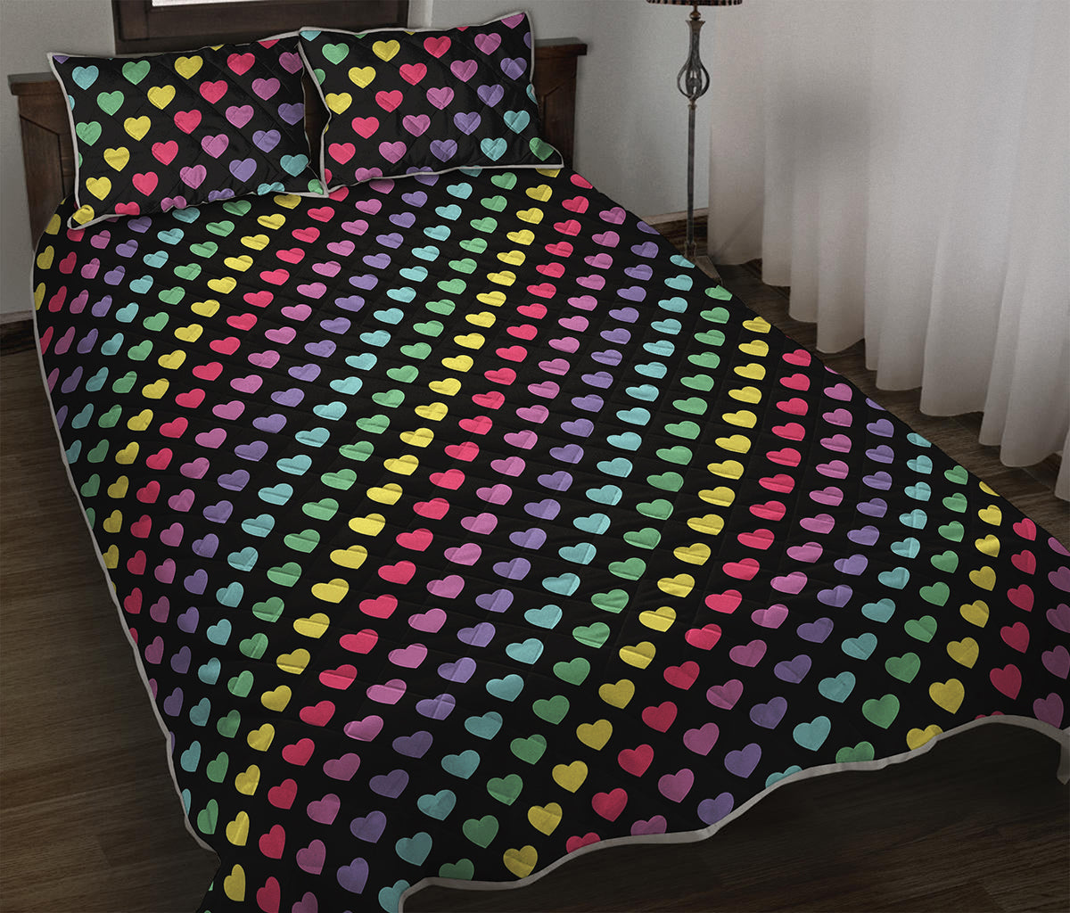 Rainbow Heart Pattern Print Quilt Bed Set