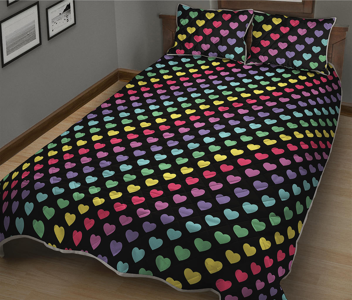 Rainbow Heart Pattern Print Quilt Bed Set