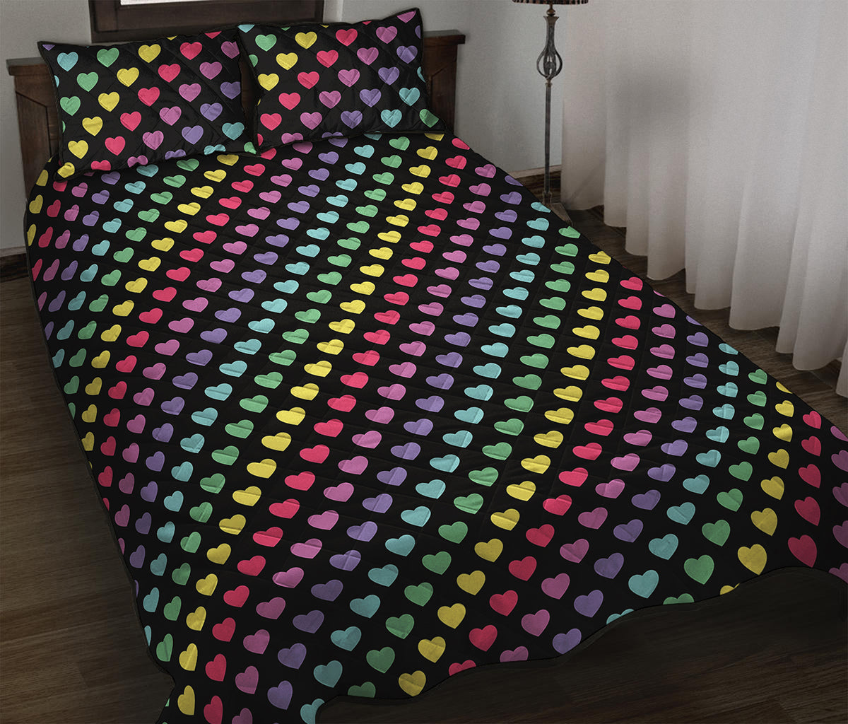 Rainbow Heart Pattern Print Quilt Bed Set