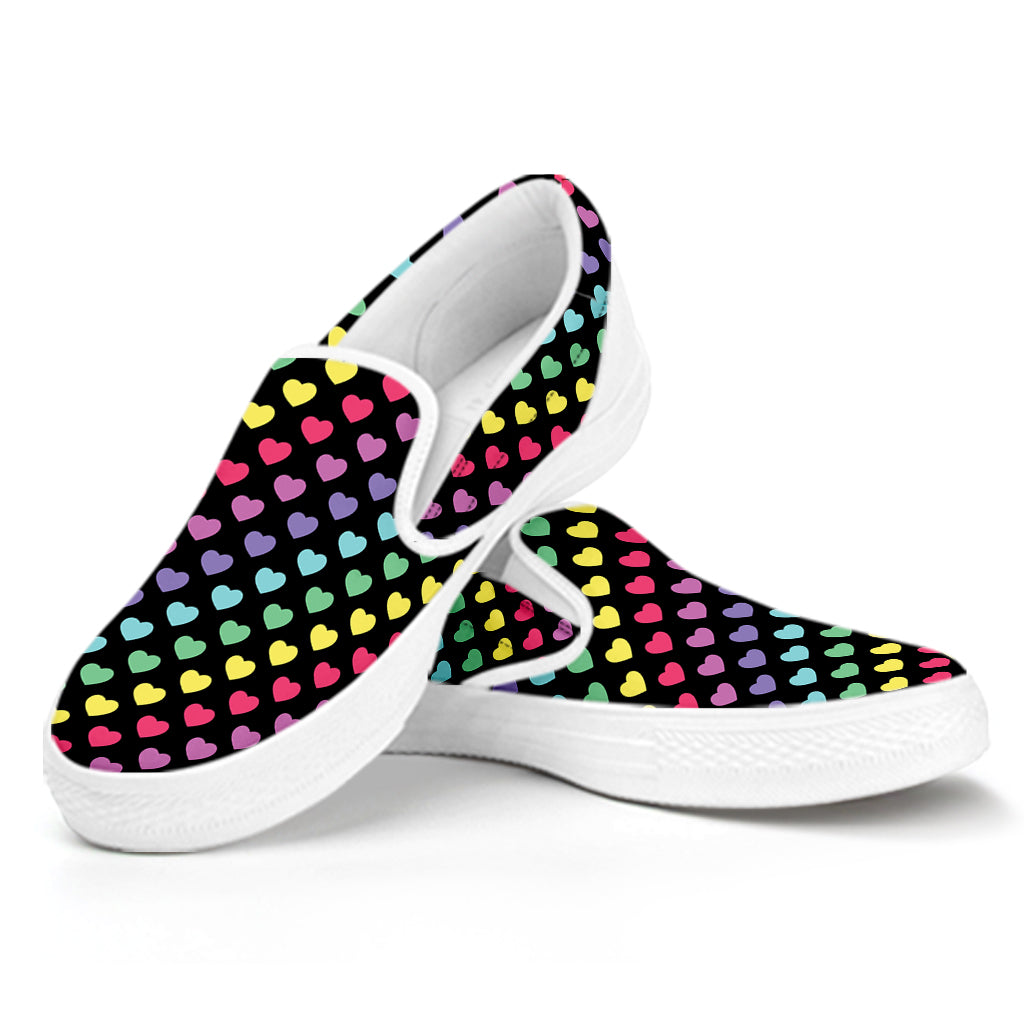 Rainbow Heart Pattern Print White Slip On Shoes