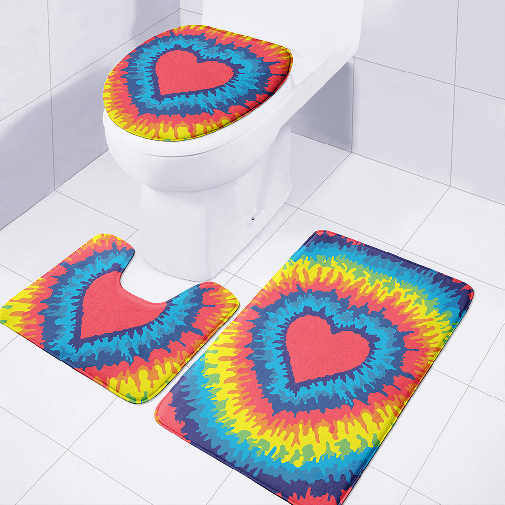 Rainbow Heart Tie Dye Print 3 Piece Bath Mat Set