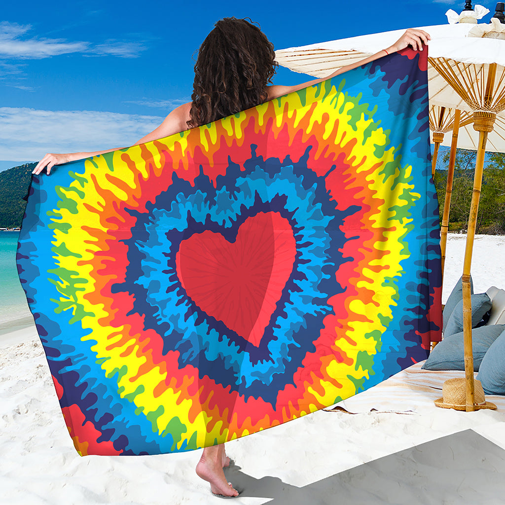 Rainbow Heart Tie Dye Print Beach Sarong Wrap