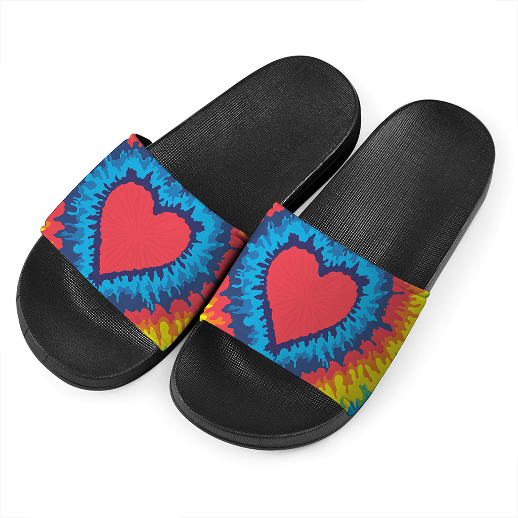 Rainbow Heart Tie Dye Print Black Slide Sandals