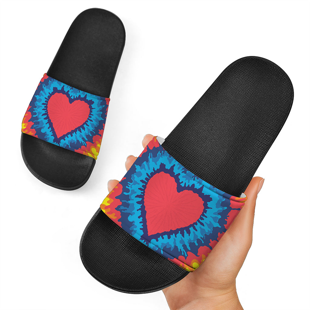 Rainbow Heart Tie Dye Print Black Slide Sandals
