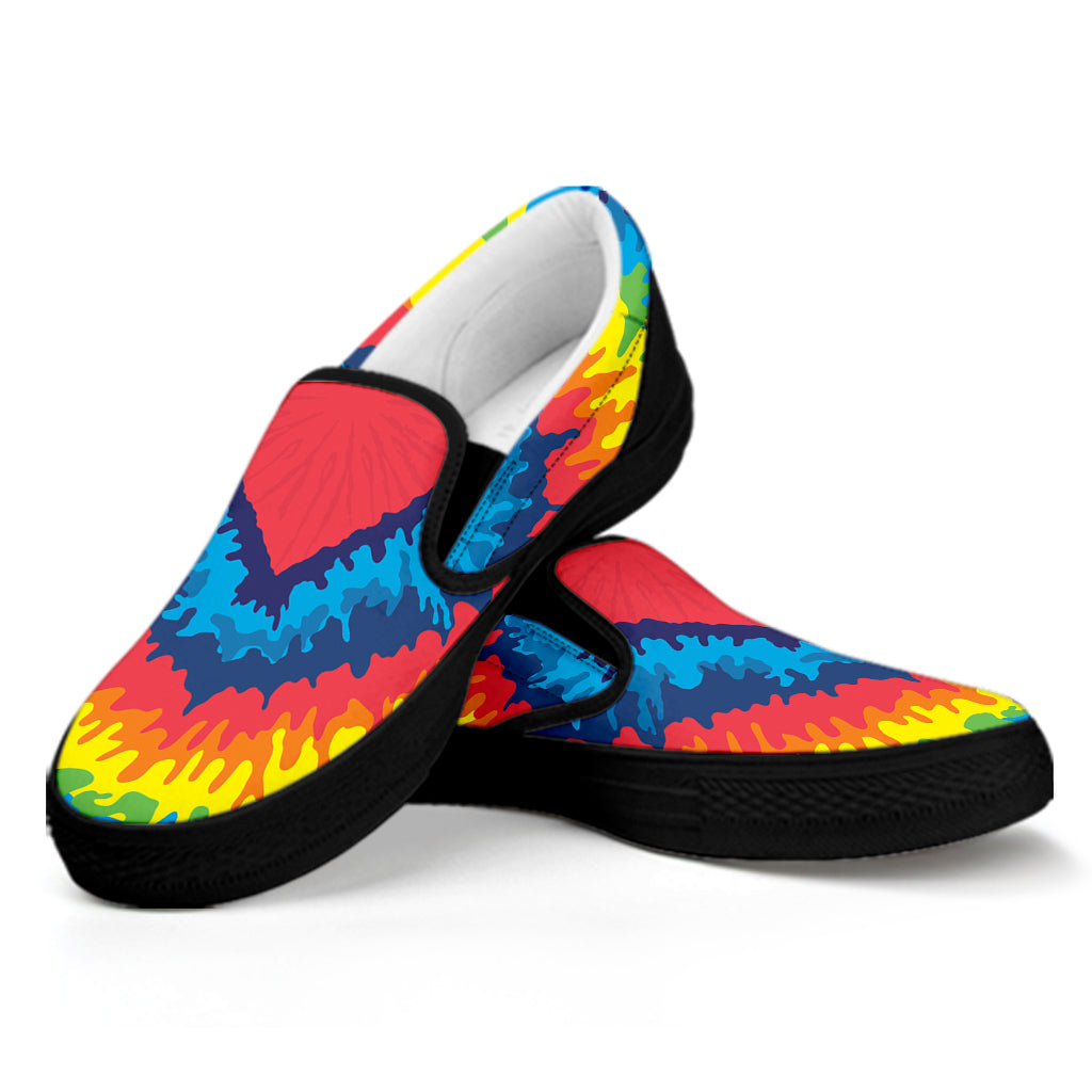 Rainbow Heart Tie Dye Print Black Slip On Shoes