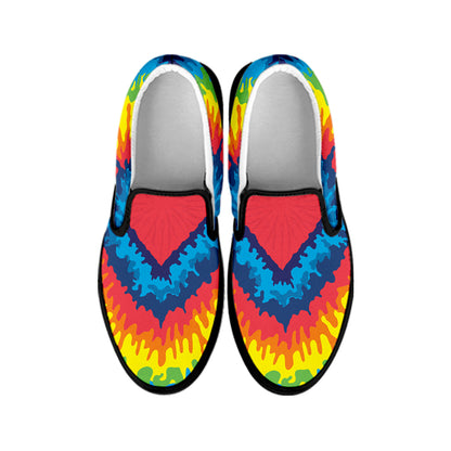 Rainbow Heart Tie Dye Print Black Slip On Shoes
