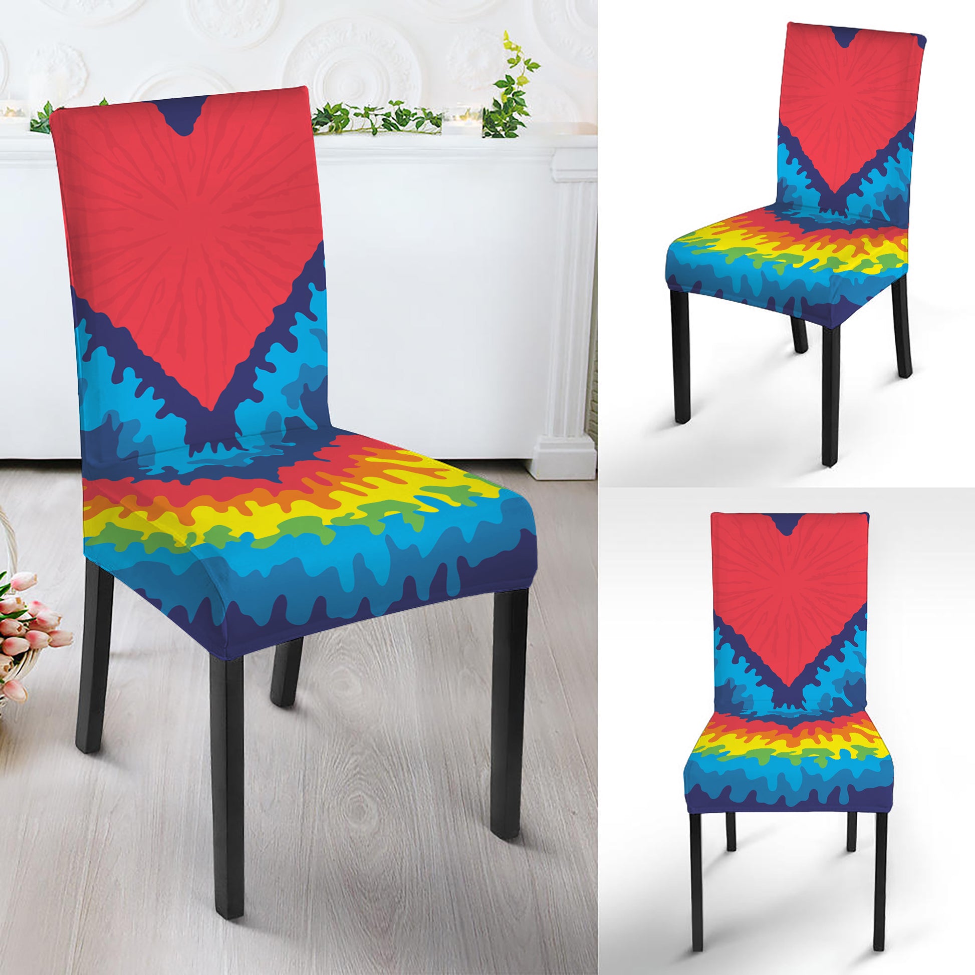 Rainbow Heart Tie Dye Print Dining Chair Slipcover