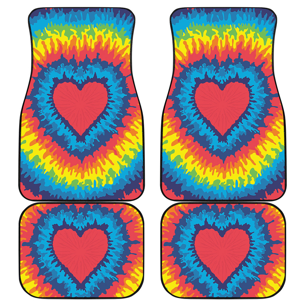 Rainbow Heart Tie Dye Print Front and Back Car Floor Mats