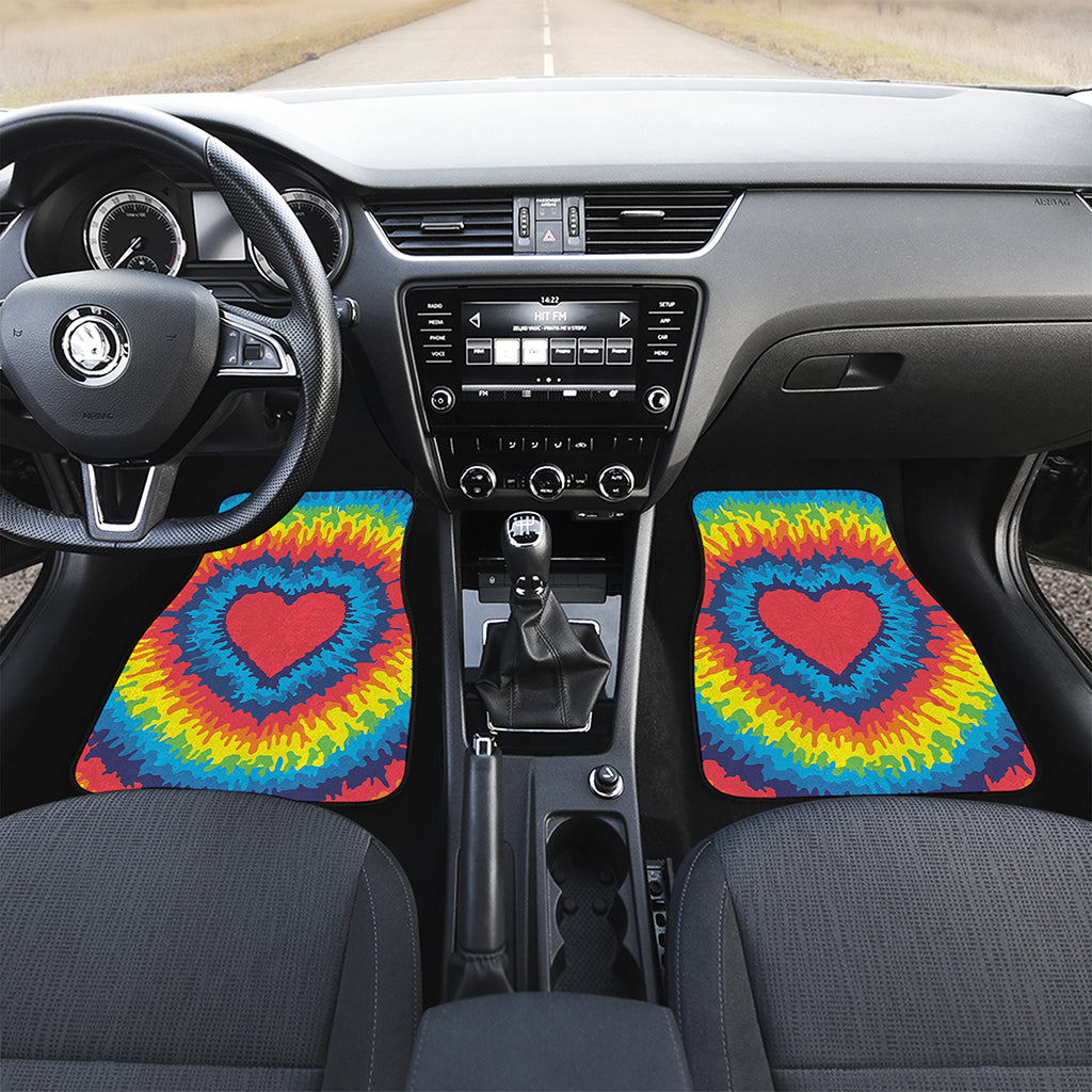 Rainbow Heart Tie Dye Print Front and Back Car Floor Mats