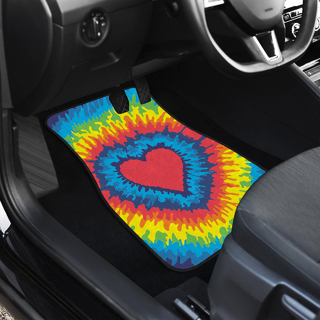 Rainbow Heart Tie Dye Print Front and Back Car Floor Mats