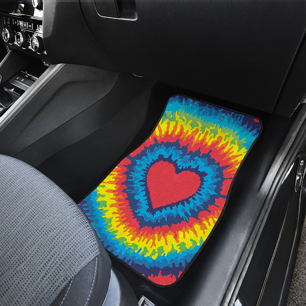 Rainbow Heart Tie Dye Print Front and Back Car Floor Mats
