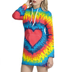Rainbow Heart Tie Dye Print Pullover Hoodie Dress