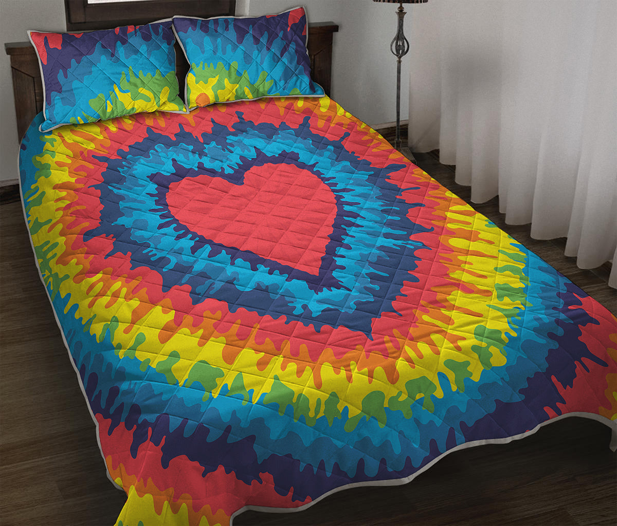 Rainbow Heart Tie Dye Print Quilt Bed Set