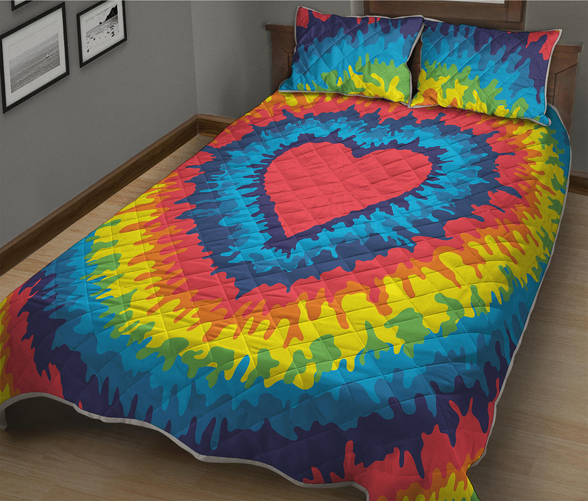 Rainbow Heart Tie Dye Print Quilt Bed Set