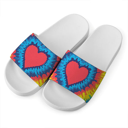 Rainbow Heart Tie Dye Print White Slide Sandals