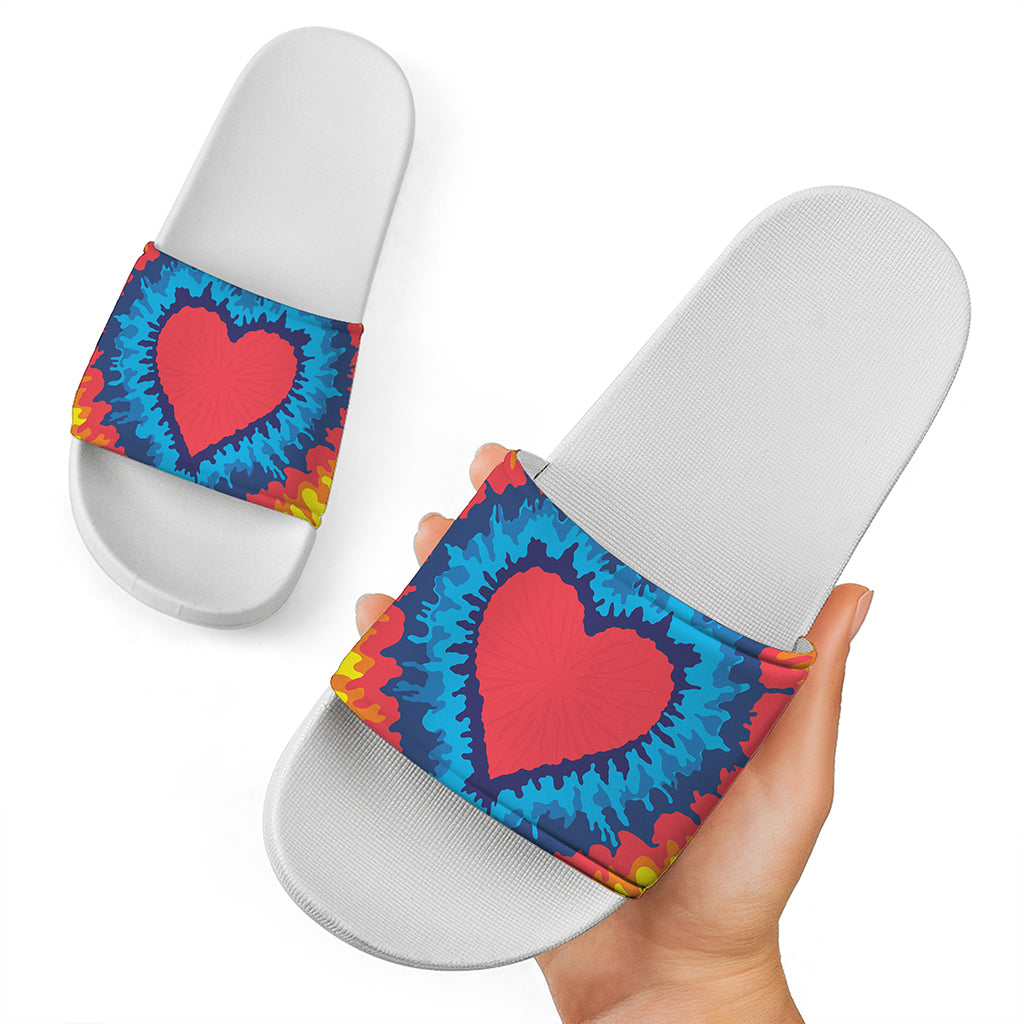 Rainbow Heart Tie Dye Print White Slide Sandals