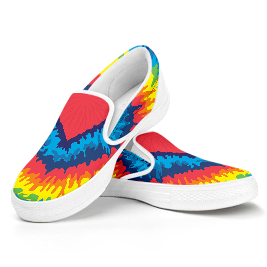 Rainbow Heart Tie Dye Print White Slip On Shoes