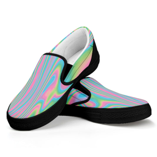 Rainbow Holographic Print Black Slip On Shoes