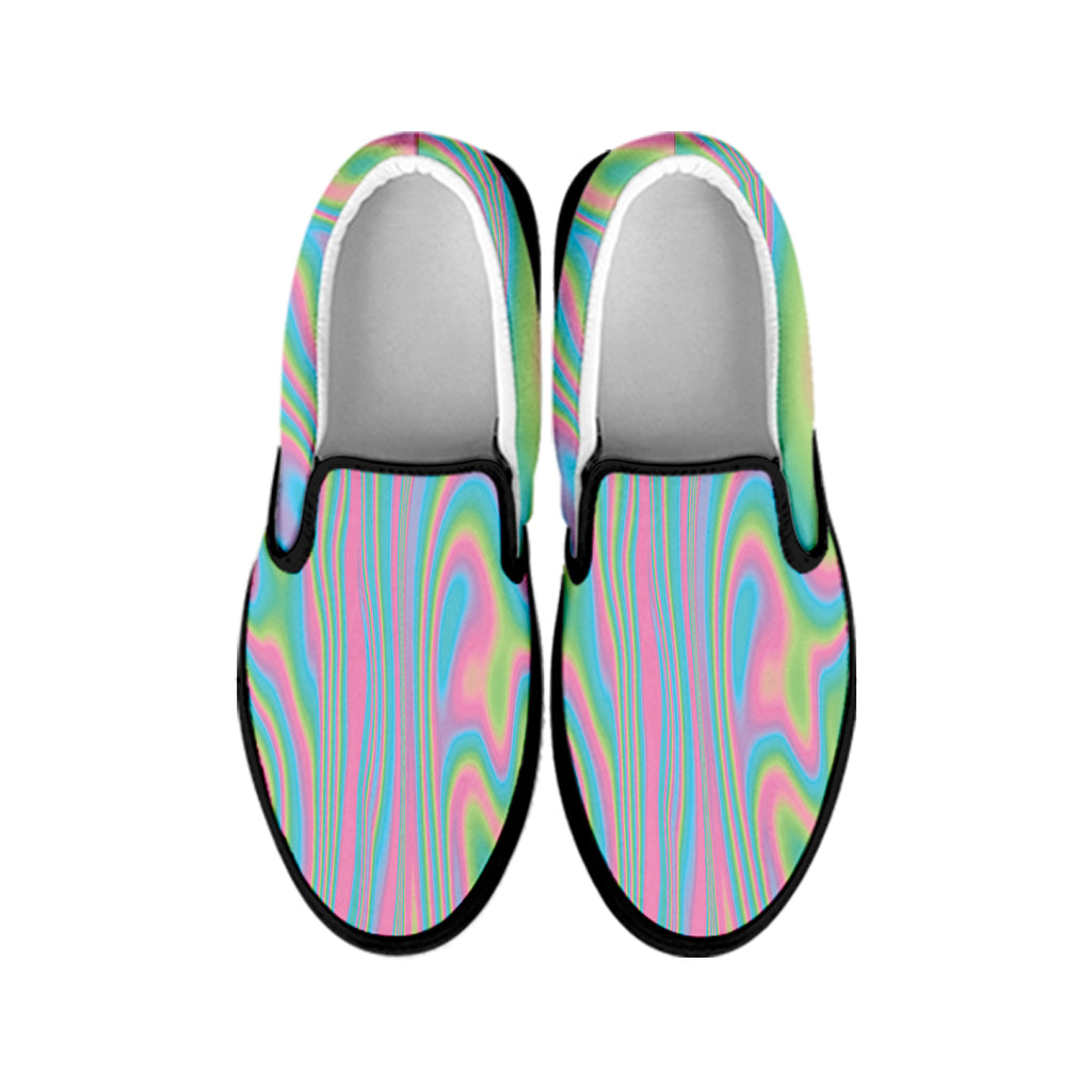 Rainbow Holographic Print Black Slip On Shoes