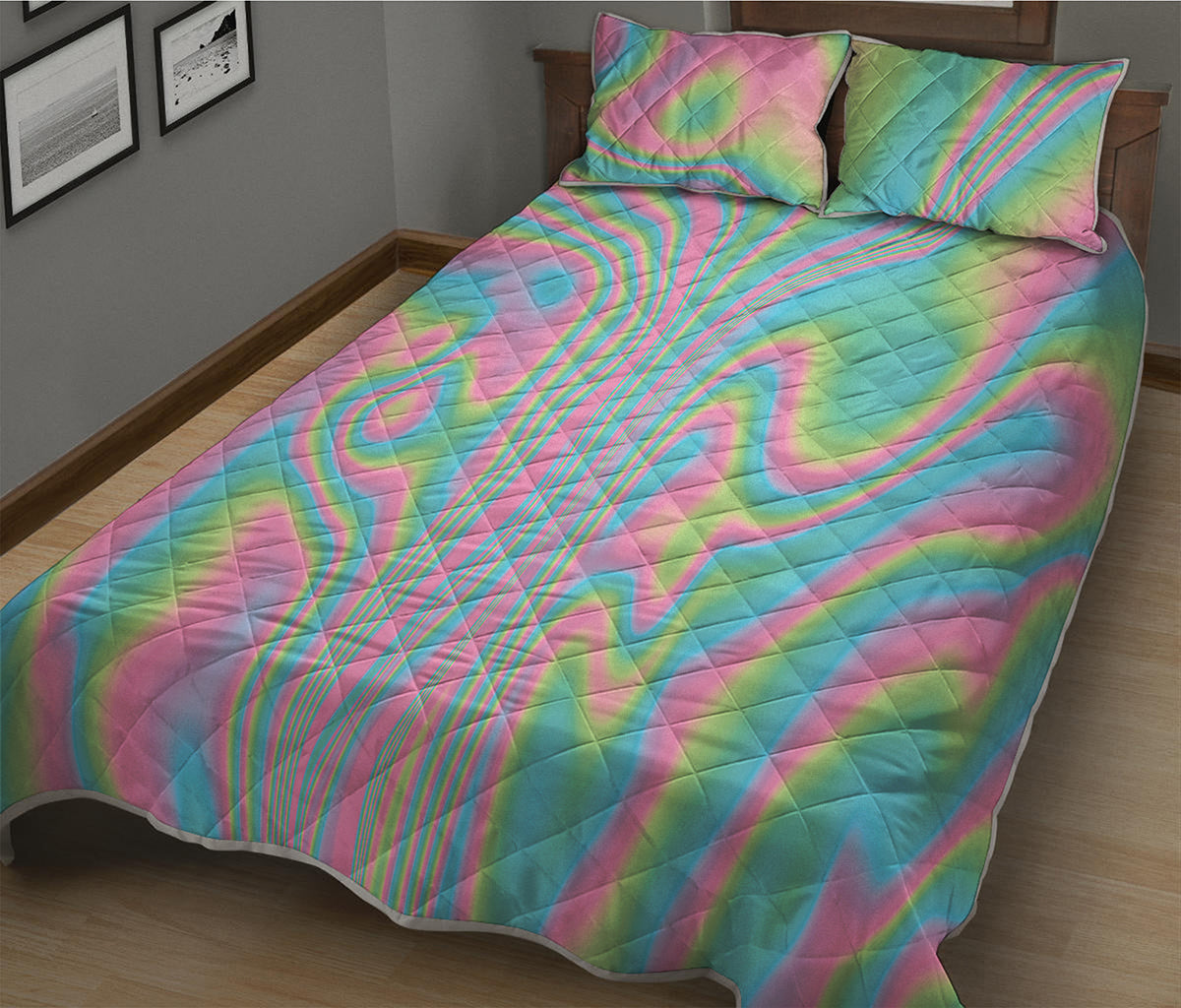 Rainbow Holographic Print Quilt Bed Set