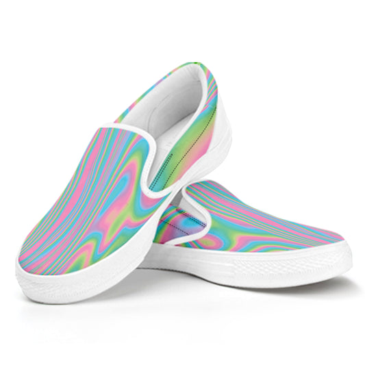 Rainbow Holographic Print White Slip On Shoes
