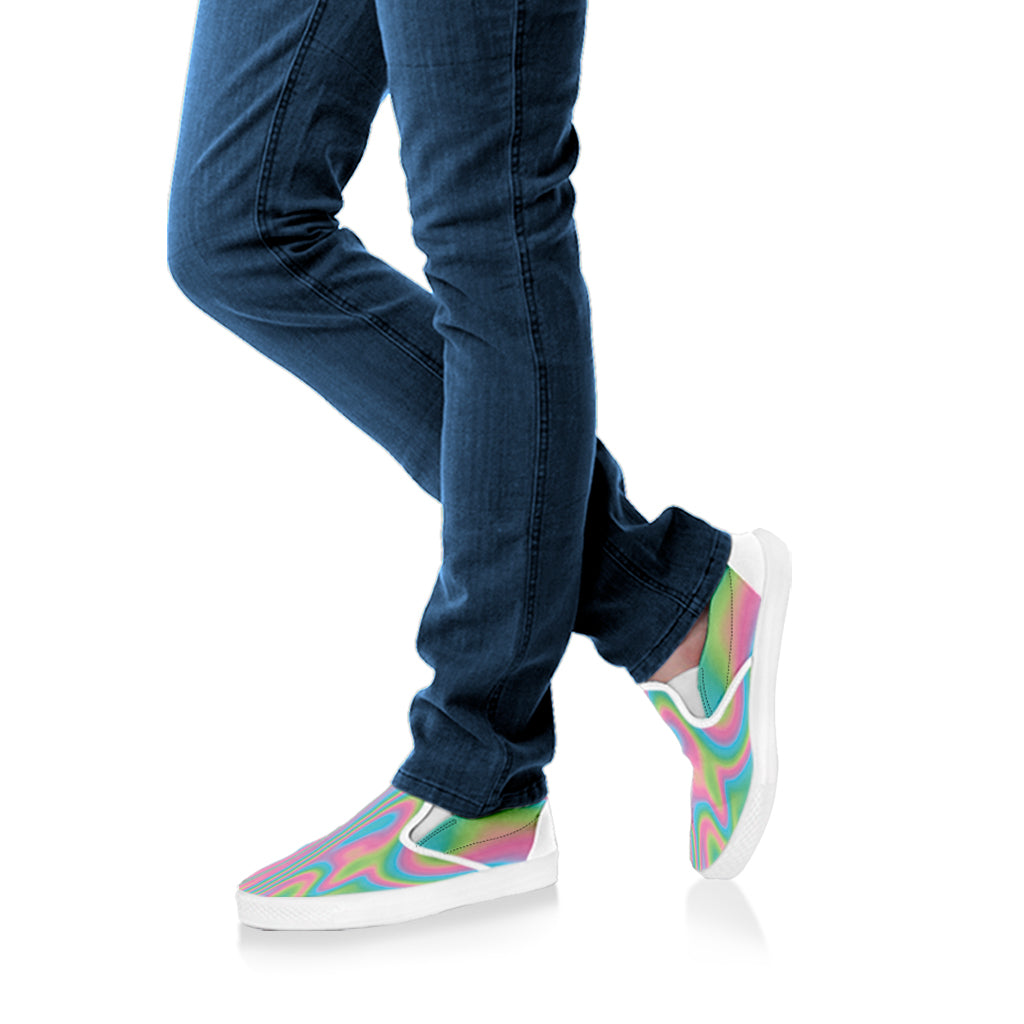 Rainbow Holographic Print White Slip On Shoes