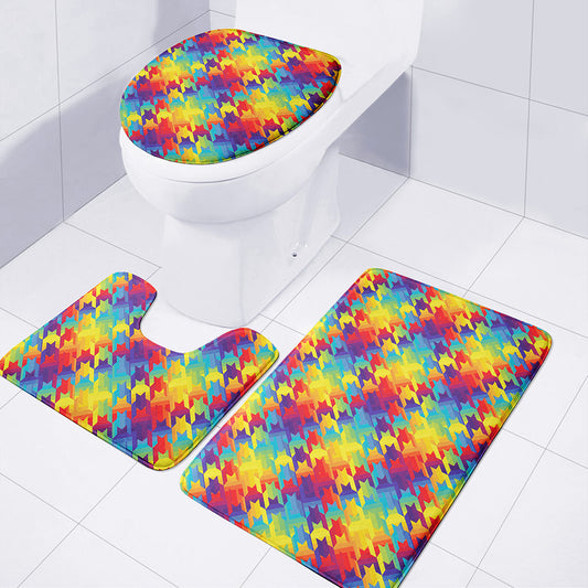 Rainbow Houndstooth Pattern Print 3 Piece Bath Mat Set