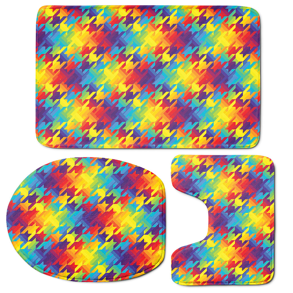 Rainbow Houndstooth Pattern Print 3 Piece Bath Mat Set