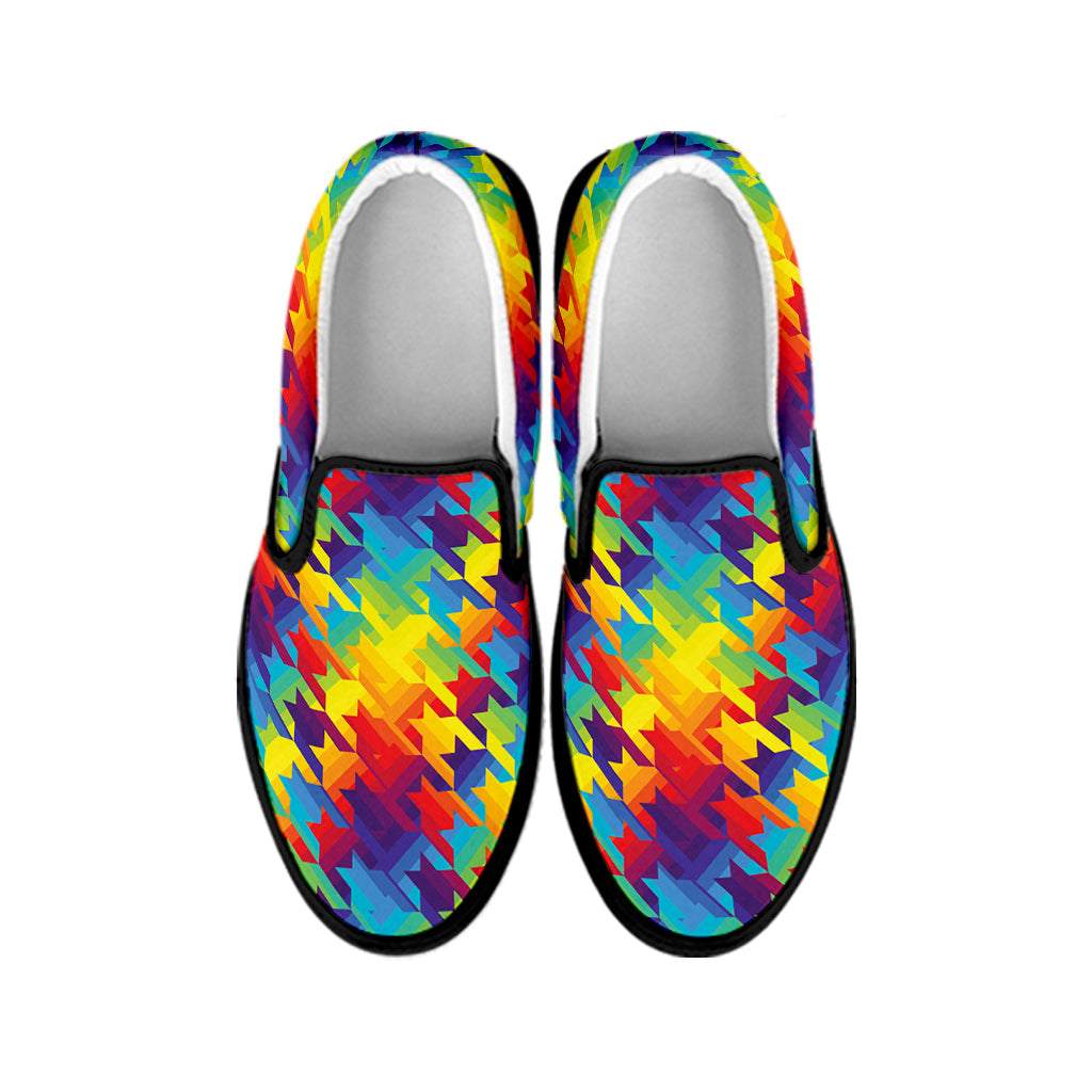 Rainbow Houndstooth Pattern Print Black Slip On Shoes