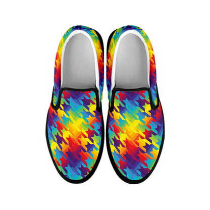 Rainbow Houndstooth Pattern Print Black Slip On Shoes