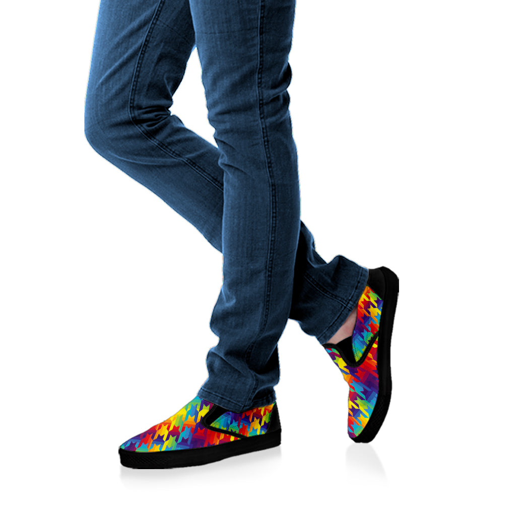 Rainbow Houndstooth Pattern Print Black Slip On Shoes