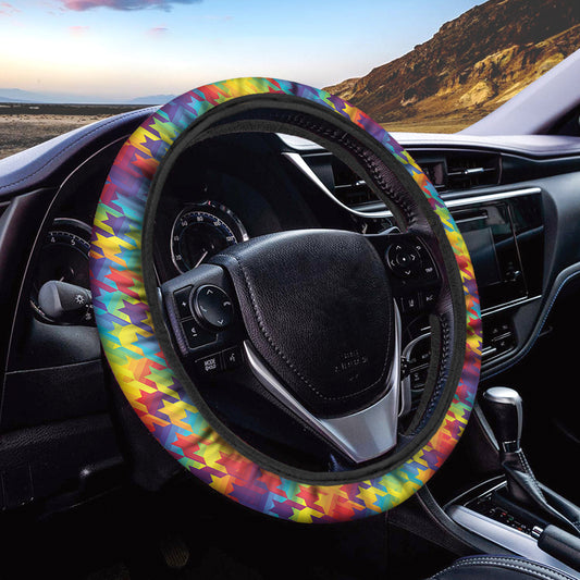 Rainbow Houndstooth Pattern Print Car Steering Wheel Cover