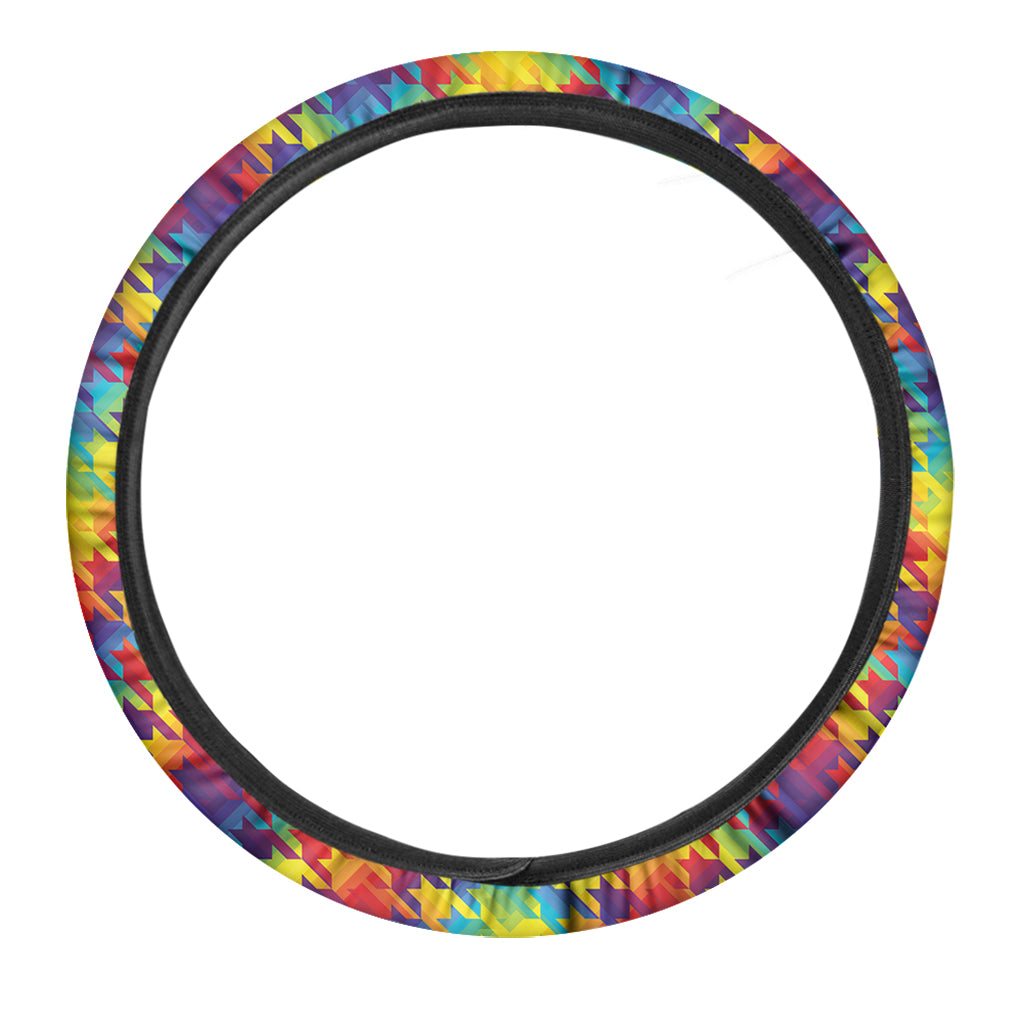 Rainbow Houndstooth Pattern Print Car Steering Wheel Cover