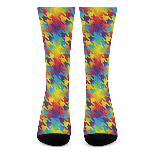 Rainbow Houndstooth Pattern Print Crew Socks