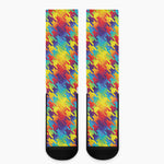 Rainbow Houndstooth Pattern Print Crew Socks