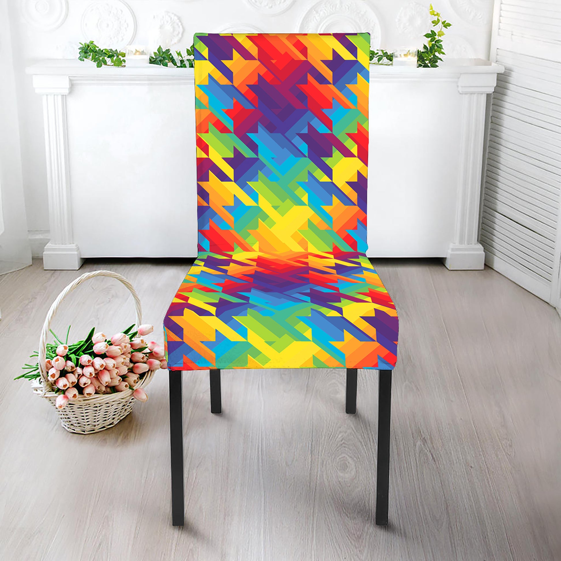 Rainbow Houndstooth Pattern Print Dining Chair Slipcover