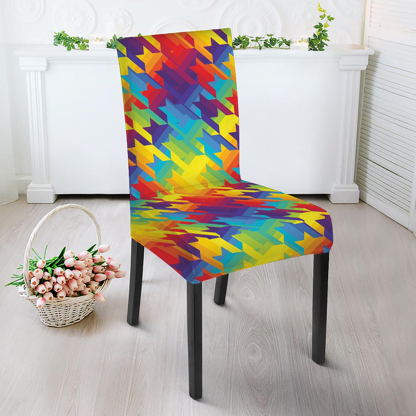 Rainbow Houndstooth Pattern Print Dining Chair Slipcover