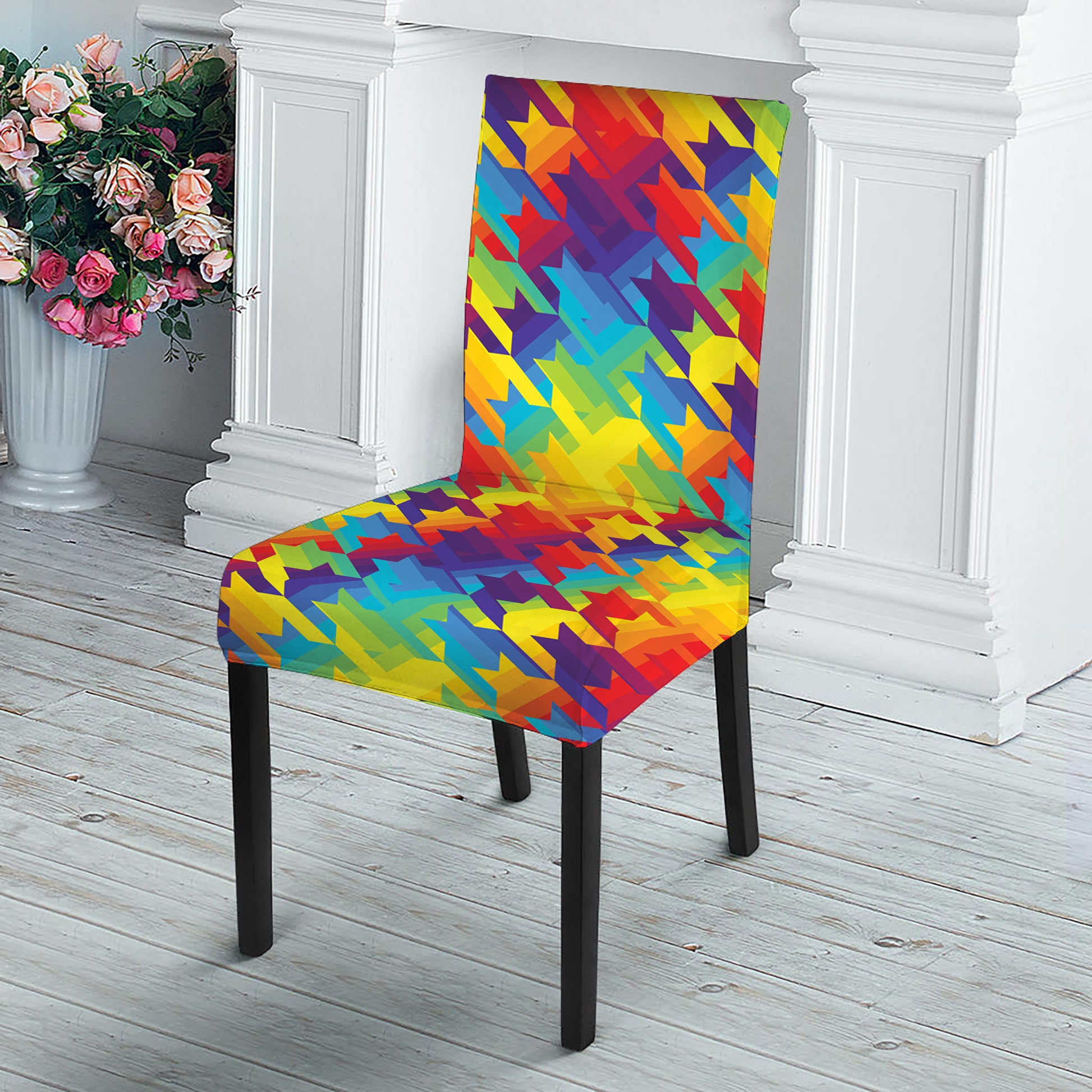 Rainbow Houndstooth Pattern Print Dining Chair Slipcover