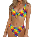 Rainbow Houndstooth Pattern Print Front Bow Tie Bikini