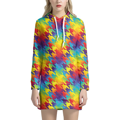 Rainbow Houndstooth Pattern Print Hoodie Dress