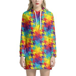 Rainbow Houndstooth Pattern Print Hoodie Dress