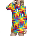 Rainbow Houndstooth Pattern Print Hoodie Dress