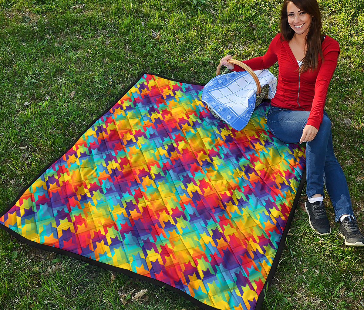 Rainbow Houndstooth Pattern Print Quilt
