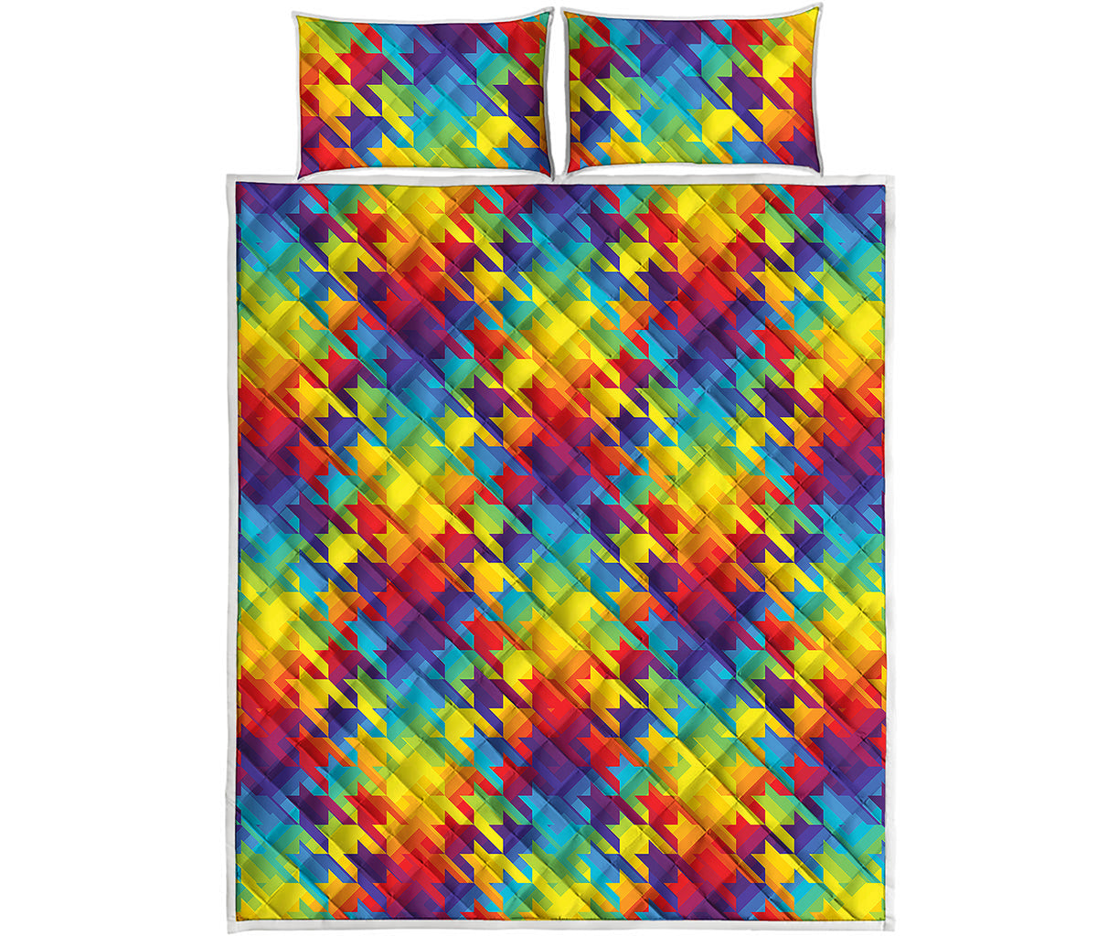 Rainbow Houndstooth Pattern Print Quilt Bed Set