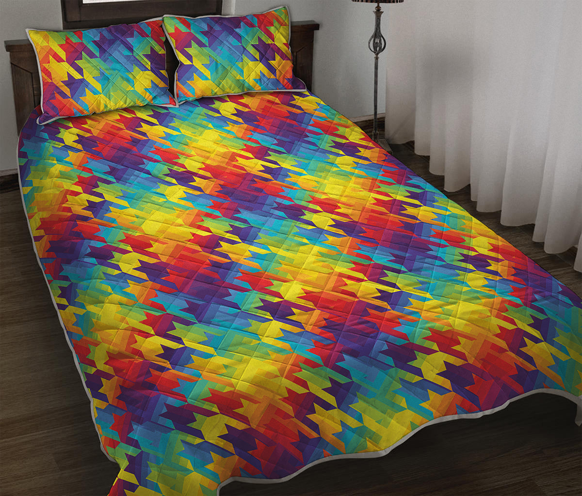 Rainbow Houndstooth Pattern Print Quilt Bed Set