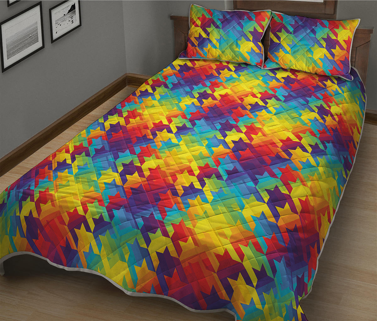 Rainbow Houndstooth Pattern Print Quilt Bed Set