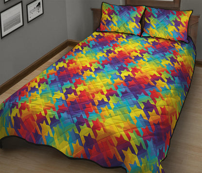 Rainbow Houndstooth Pattern Print Quilt Bed Set