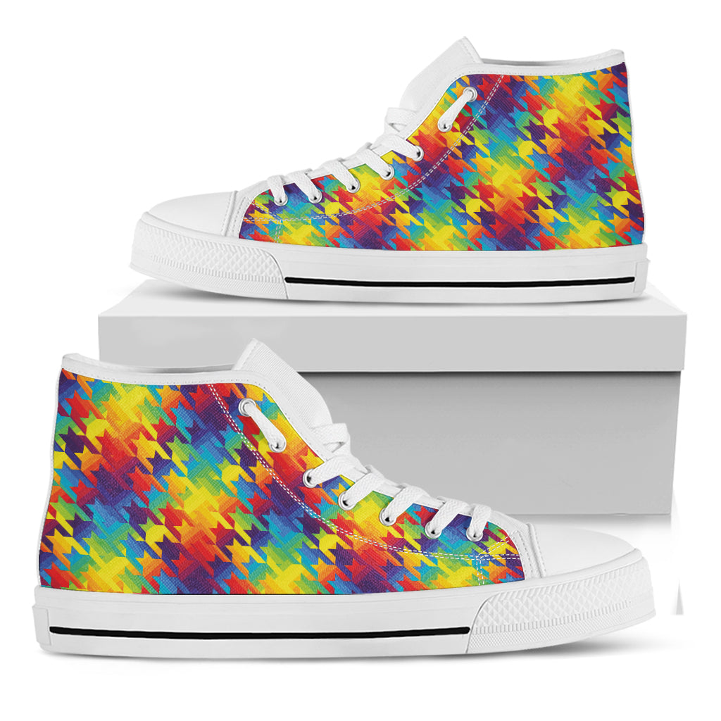 Rainbow Houndstooth Pattern Print White High Top Shoes