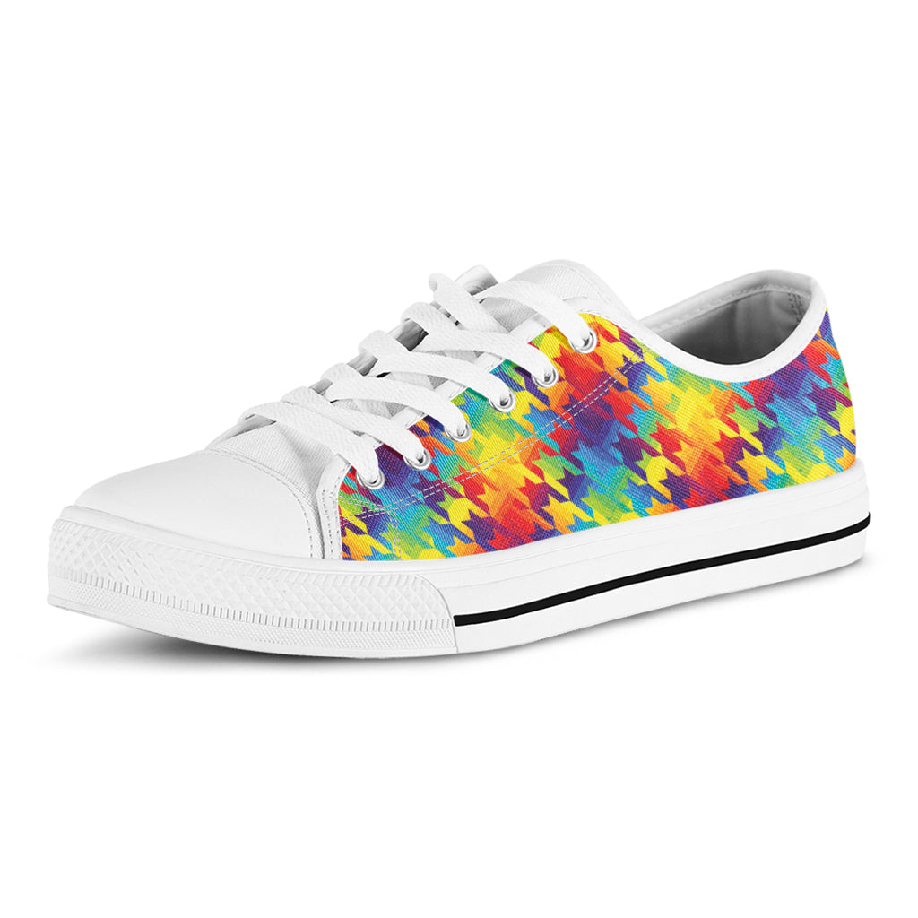 Rainbow Houndstooth Pattern Print White Low Top Shoes